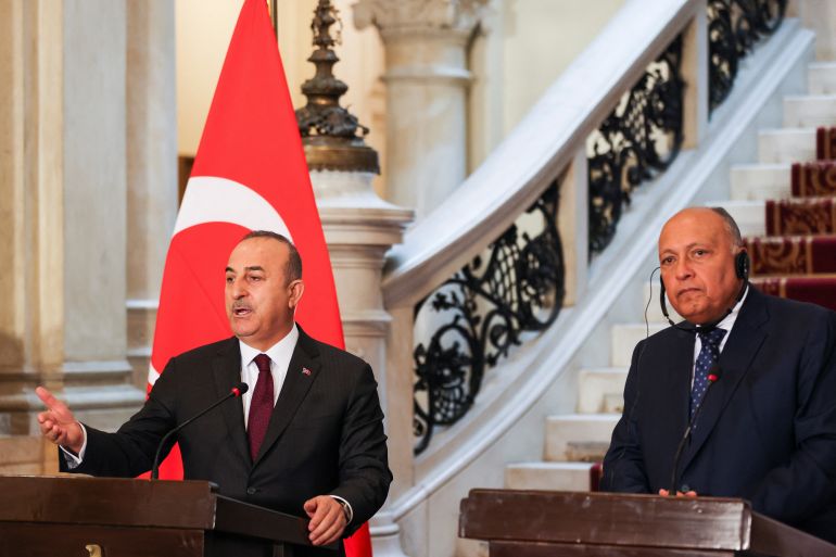 Turkish Foreign Minister Mevlut Cavusoglu and Egyptian Foreign Minister Sameh Shoukry attend a news conference