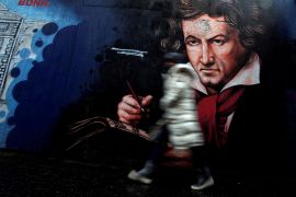 A mural of Ludwig van Beethoven is seen at a pedestrian tunnel ahead of his 250th birth anniversary in Bonn