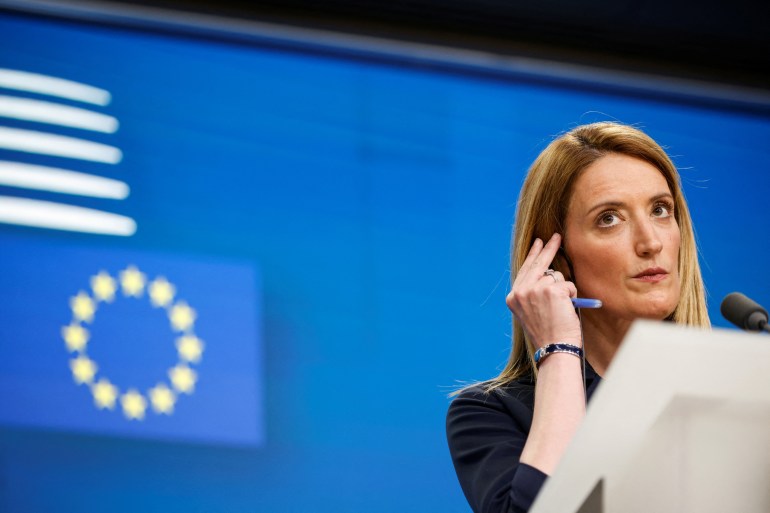 European Parliament President Roberta Metsola speaks during a news conference in Brussels, Belgium March 23, 2023. REUTERS/Johanna Geron
