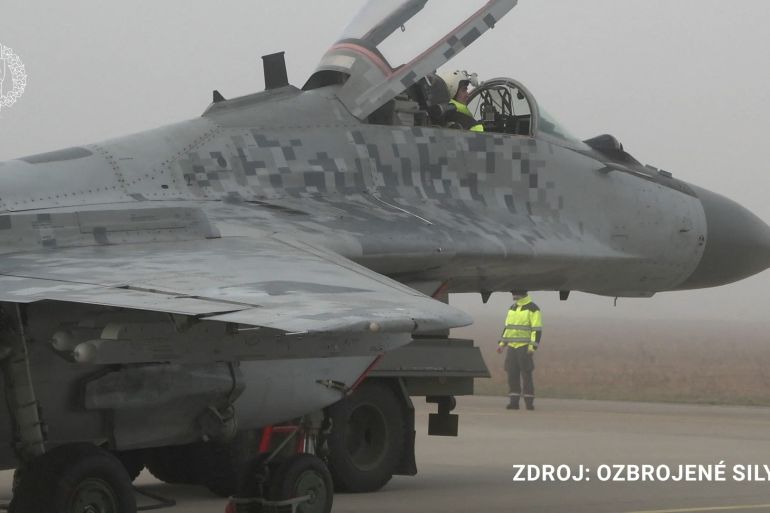 A Slovak MiG-29 jet is seen at Silac Air Base in Slovakia, in this still image taken from a handout video released on March 23, 2023. Slovak Ministry Of Defence/Handout via REUTERS THIS IMAGE HAS BEEN SUPPLIED BY A THIRD PARTY. NO RESALES. NO ARCHIVES. MANDATORY CREDIT