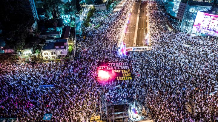 An aerial view shows Israelis protesting, as Israeli Prime Minister Benjamin Netanyahu's nationalist coalition government presses on with its judicial overhaul, in Tel Aviv, Israel