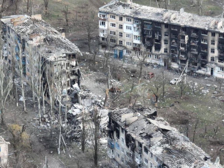 A bird's eye view of destroyed buildings in Vuhledar, Ukraine.