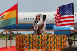 United States Vice President Kamala Harris speaks at the Kotoka International Airport as she begins her Africa trip, in Accra, Ghana, on March 26, 2023 [Francis Kokoroko/Reuters]