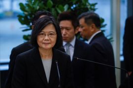 Taiwan&#39;s President Tsai Ing-wen addresses the media on March 29 before her departure to New York, as she makes her way to Guatemala and Belize [Ann Wang/Reuters]