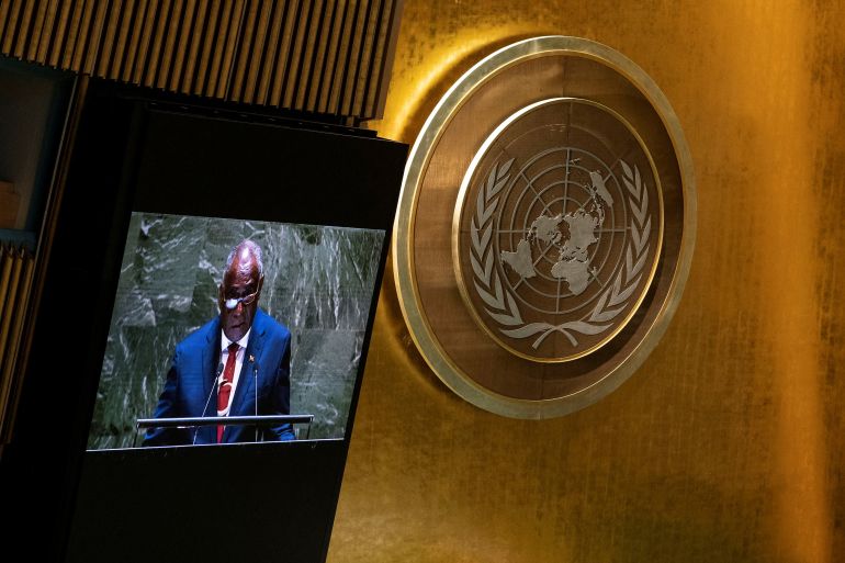 Alatoi Ishmael Kalsakau, Prime Minister of Vanuatu addresses to delegates during a general assembly to vote on whether to ask top global court to issue opinion on climate responsibility at United Nations Headquarters in New York City, U.S., March 29, 2023. REUTERS/Eduardo Munoz