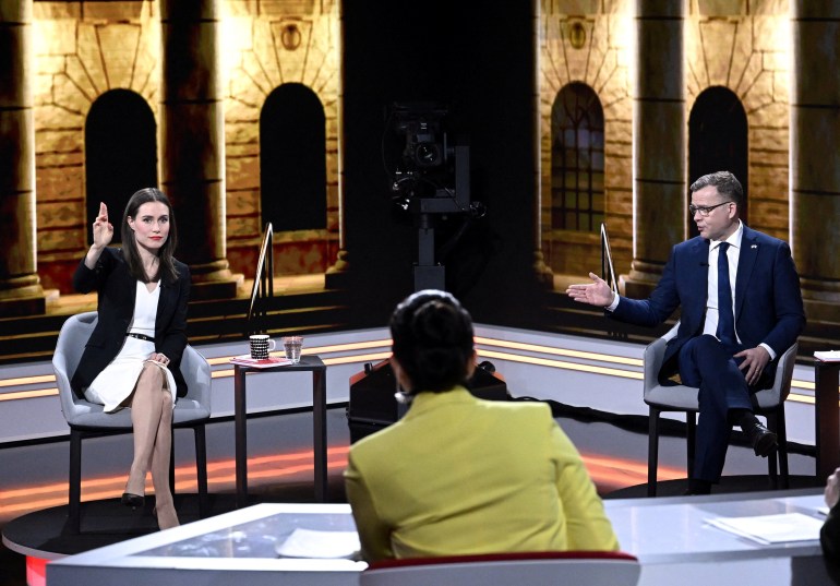 SDP President and current Prime Minister Sanna Marin and National Coalition Party President Petteri Orpo at the election debate organized by MTV in Helsinki, Finland 