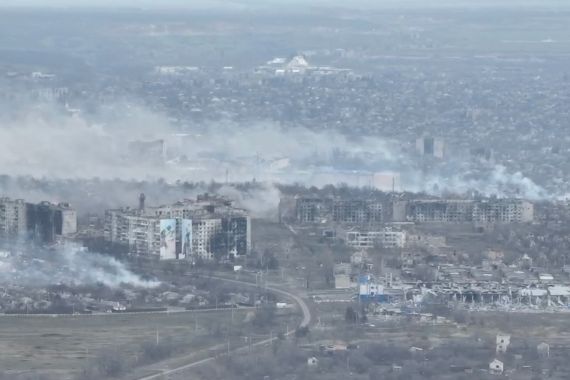 An aerial view shows smoke billowing, in Bakhmut, Ukraine, in still image taken from an undated video obtained from social media. @combat.art.ukraine via Instagram/via REUTERS THIS IMAGE HAS BEEN SUPPLIED BY A THIRD PARTY. MANDATORY CREDIT. NO RESALES. NO ARCHIVES.
