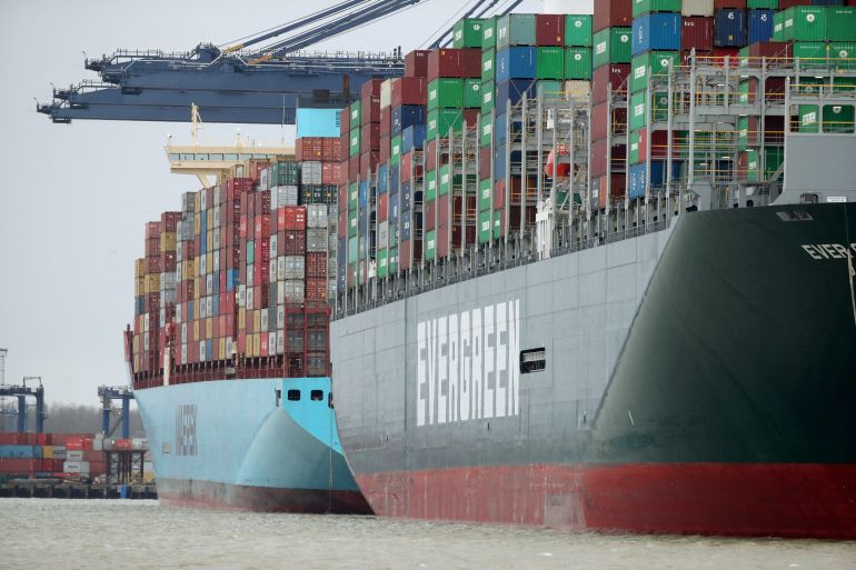 A view of the Port of Felixstowe, as containers are seen aboard the container ship Ever Greet, in Felixstowe, Britain