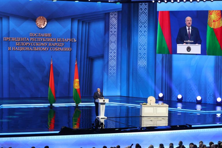 Belarusian President Alexander Lukashenko delivers an annual address to parliament, government and the nation in Minsk, Belarus, March 31, 2023. BelTA/Maxim Guchek/Handout via REUTERS ATTENTION EDITORS - THIS IMAGE WAS PROVIDED BY A THIRD PARTY. NO RESALES. NO ARCHIVES. MANDATORY CREDIT.