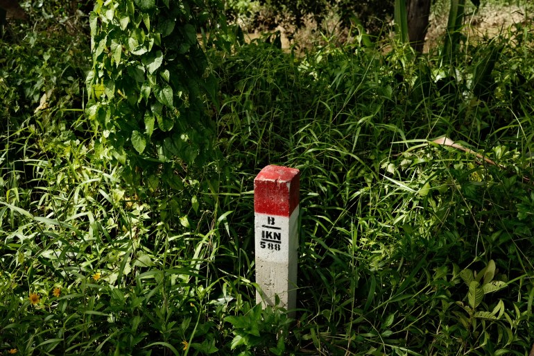 A white marker with a red top in the middle of the undergrowth.  The marker has the letter B with IKN below it and 588 after it.