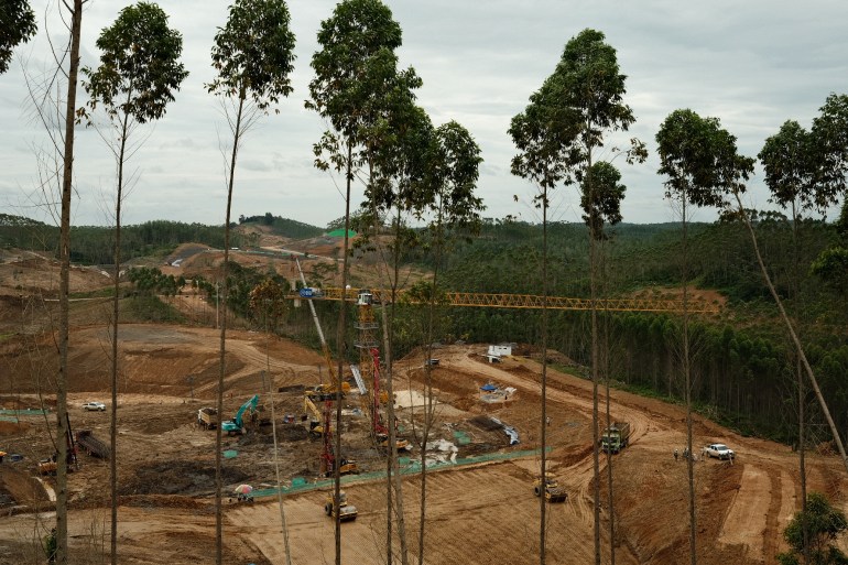 A wide view of the site of Nusantara. Trees have been felled and there is lots of bare earth. Trucks are moving about on dirt roads and there is a crane and a couple of excavators. There are trees in the foreground.