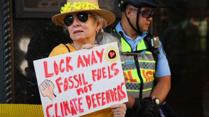 A woman holding a sign in support of Deanna 'Violet' CoCo. It reads 'Lock away fossil fuels not climate defenders'. The woman is wearing sunglasses and a straw hat with yellow flowers around the brim. There is a policeman in the background.