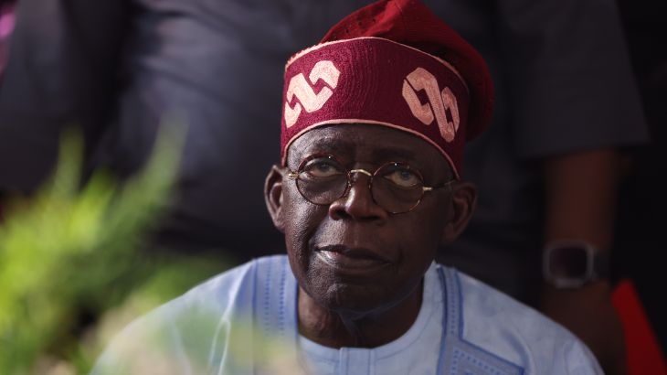 Ruling party candidate Bola Tinubu, looks on in Abuja on March 1, 2023 during celebrations at his campaign headquarters