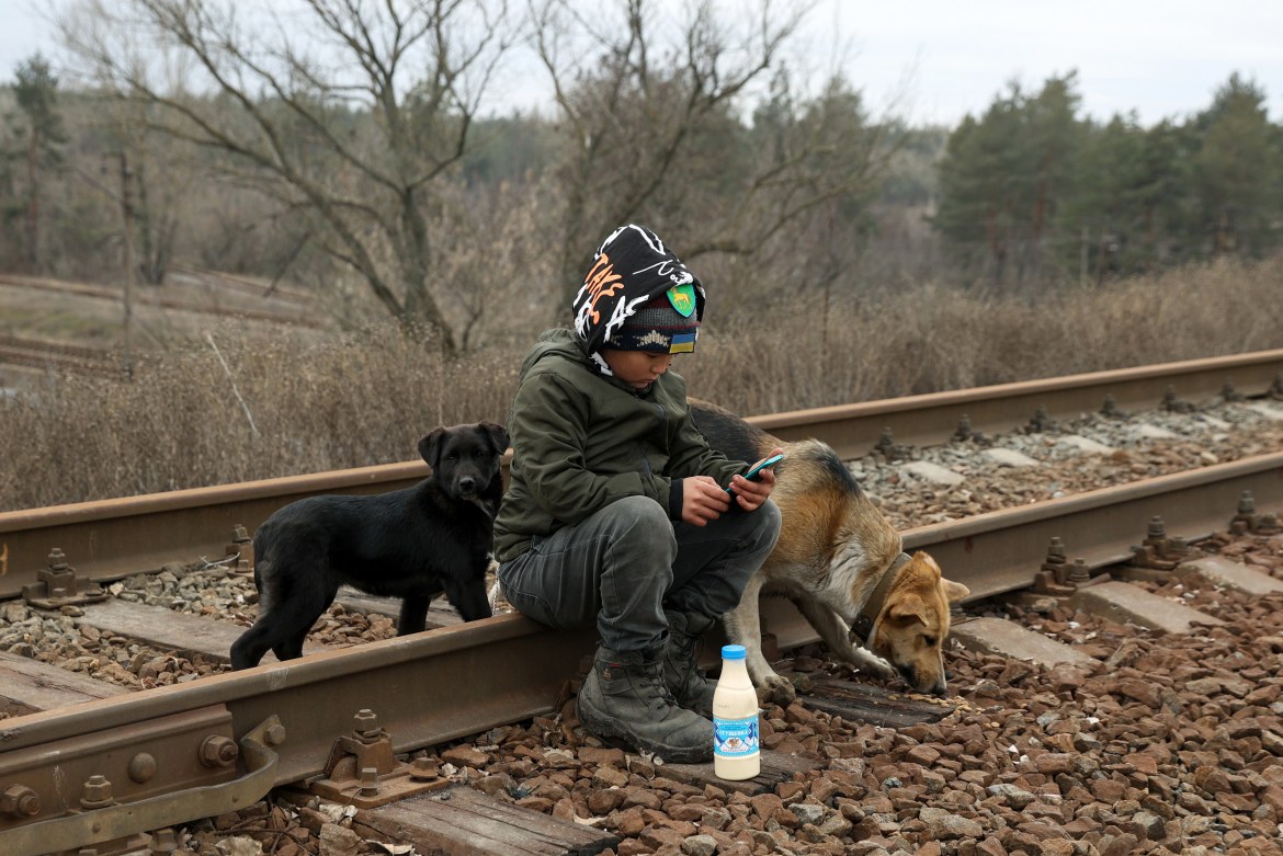 Dogs wander around as Oleksandr sits on a railroad track in the town of Lyman, Donetsk region