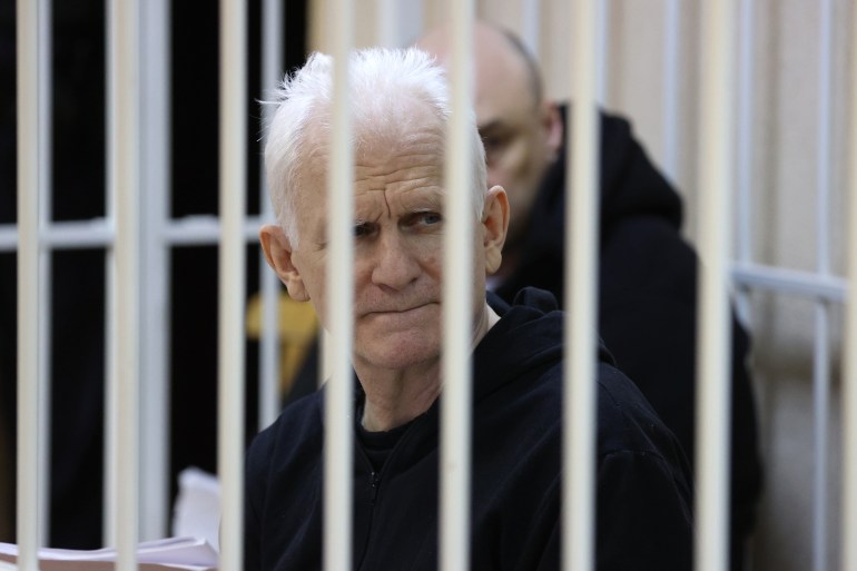 Nobel Prize winner Ales Bialiatski is shown in this archive photo, taken on January 5, 2023, in the defendants' cage in the courtroom at the beginning of the trial in Minsk.  - On March 3, 2023, a court in Belarus sentenced Nobel Prize winner Ales Byalyatsky to 10 years in prison in what his supporters see as punishment for his human rights work.