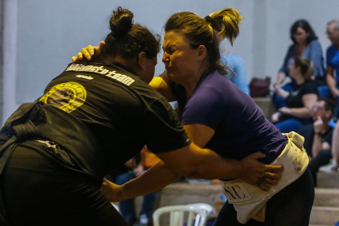 Sumo wrestlers fight during a Brazilian sumo championship bout, a qualifier for the South American championship, in Sao Paulo, Brazil