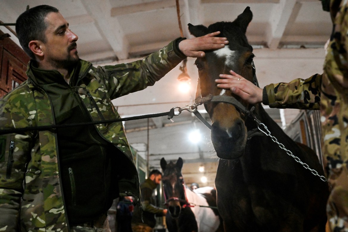 Ukrainian servicemen pat a horse during a hippotherapy session in Kyiv