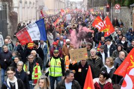 Protesters take part in a demonstration against pension reforms in Montpellier, southern France [Jean Ffrancois Monier/AFP]