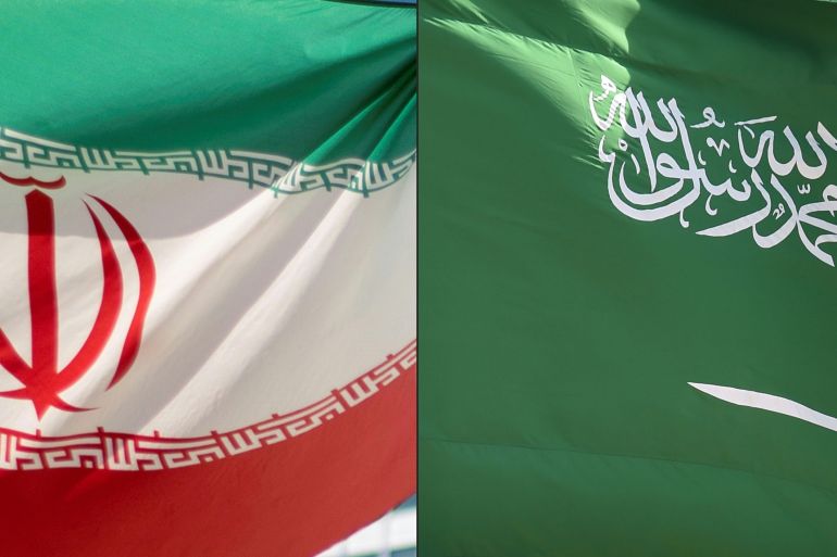 Combination photo of the Iran and Saudi Arabia flags