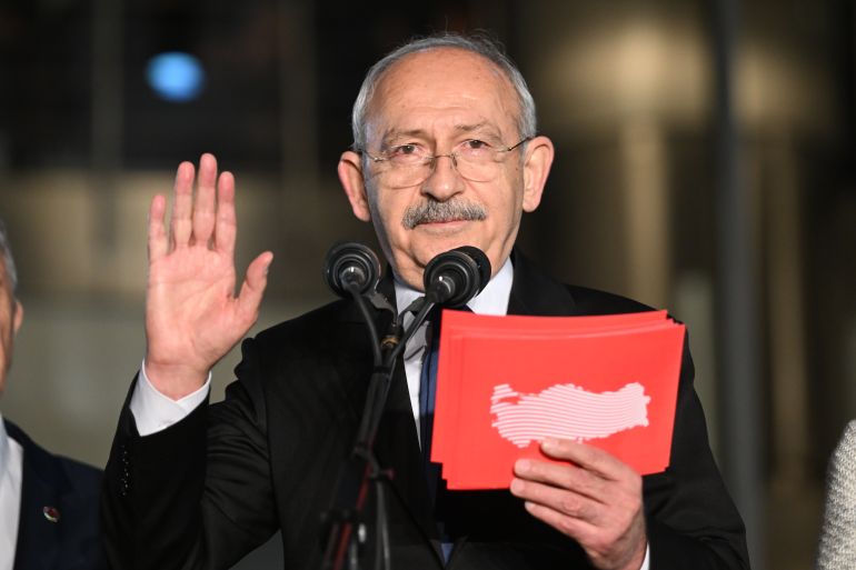 Chairman of the Republican People’s Party Kemal Kilicdaroglu speaks to the crowd after he was nominated as candidate for the presidency by a 6-party opposition bloc, outside the Republican People’s Party Headquarters in Ankara, Turkey, on March 06, 2023.