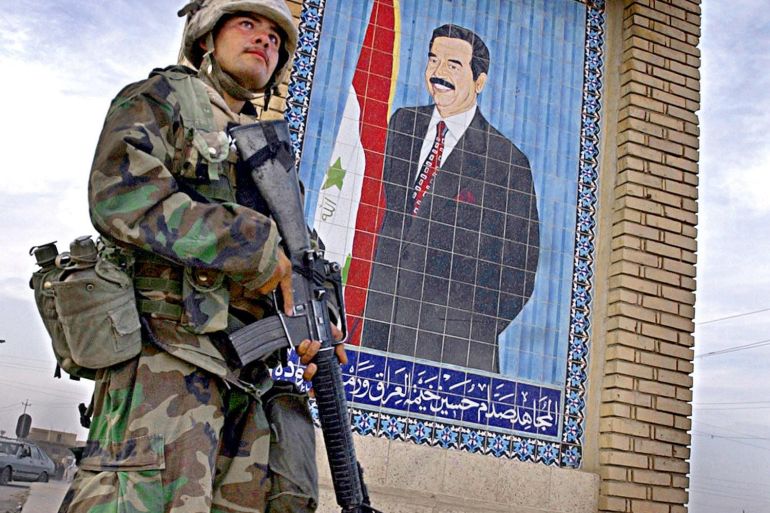 US Marine in front of Saddam Hussein tile poster
