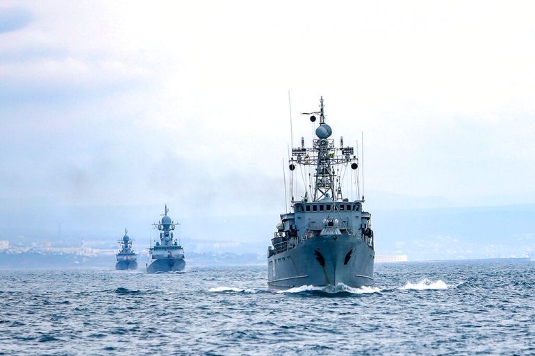 his handout photo released on Wednesday, April 14, 2021 by Russian Defense Ministry Press Service shows, Russian navy ships are seen during navy drills in the Black Sea. Russia has insisted that it has the right to close areas of the Black Sea for foreign naval ships and rejected Ukrainian and Western criticism of the move. (Russian Defense Ministry Press Service via AP)