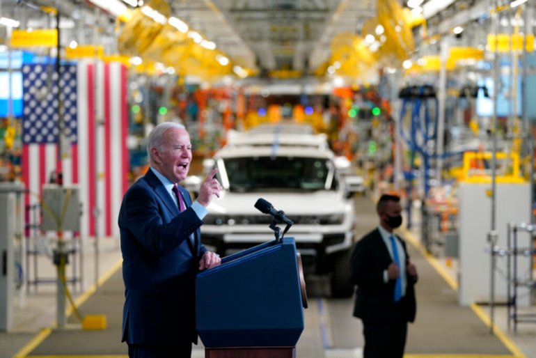 Joe Biden speaking at electric vehicle factory