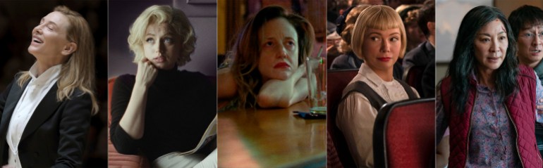 This combination of images shows Oscar nominees for best actress, from left, Cate Blanchett in "Tár," Ana de Armas in "Blonde," Andrea Riseborough in "To Leslie," Michelle Williams in "The Fabelmans," and Michelle Yeoh in "Everything Everywhere All at Once." 