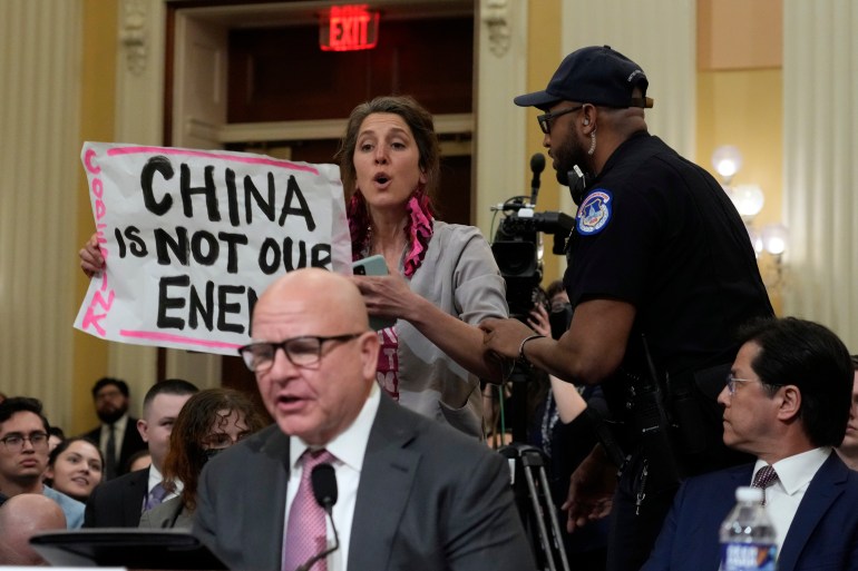 A woman holds a placard reading 'China is not the enemy' as a security guard approaches her in the committee room.