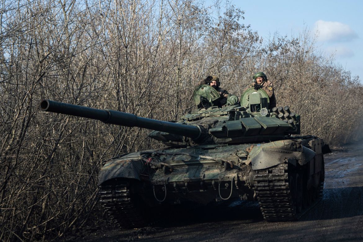 A Ukrainian tank drives towards frontline positions near Bakhmut, Ukraine