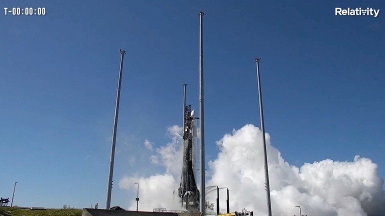 This image from video made available by Relativity Space shows the company's Terran 1 rocket on the launch pad in Cape Canaveral, Fla., on Saturday, March 11, 2023