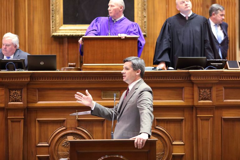 South Carolina Senate Majority Leader Shane Massey, R-Edgefield, speaks in favor of a bill that would limit the land holdings of foreign adversaries