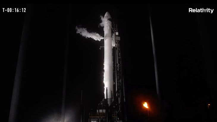 In this frame grab from livestreamed video provided by Relativity Space, Terran 1 sits on a launch pad at Cape Canaveral, Fla., late Wednesday, March 22, 2023