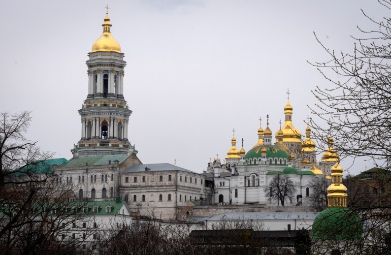 The Monastery of the Caves, also known as Kyiv-Pechersk Lavra. It features multiple bell towers whose domes are gilded.