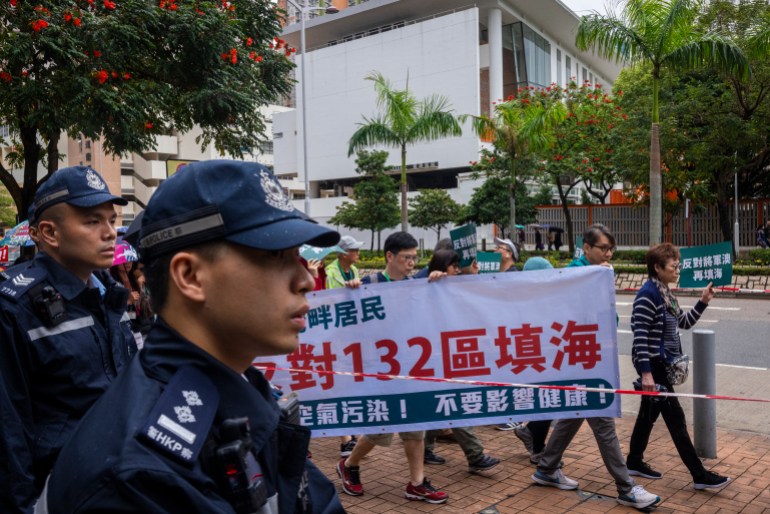 Police at a protest in Hong Kong