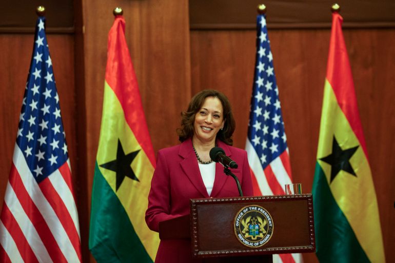 US Vice President Kamala Harris addresses a news conference following her meetings with Ghana President Nana Akufo-Addo in Accra, Ghana, Monday March 27, 2023. Harris is on a seven-day African visit that will also take her to Tanzania and Zambia [Misper Apawu/AP Photo]