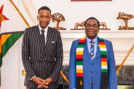 Uebert Angel, Zimbabwe ambassador-at-large to Europe and the Americas, and President of Zimbabwe Emmerson Mngangagwa [Opeaal.co.zw/Al Jazeera]