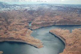 A view over Lake Powell, the second-largest reservoir in the United States, in Page, Arizona