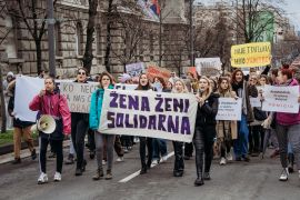 Demonstrators march and chant for the eradication of male violence against women in Belgrade, Serbia [Courtesy of Irena Ljubenović]