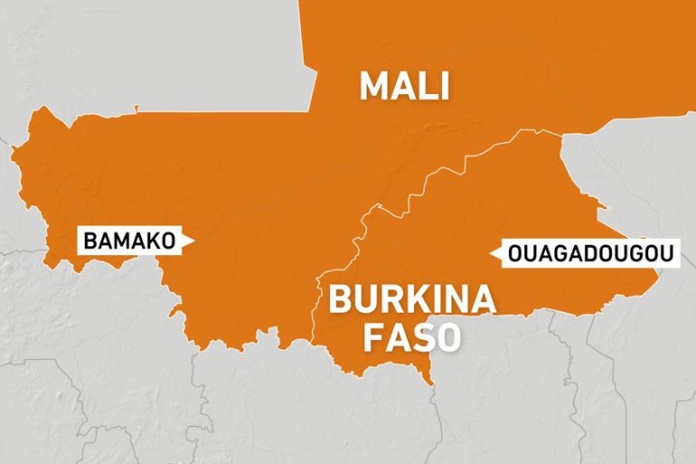 Map showing Bamako and Ouagadougou, capitals of Mali and Burkina Faso respectively.