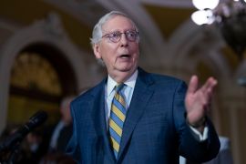 US Senate Republican Leader Mitch McConnell speaks to reporters