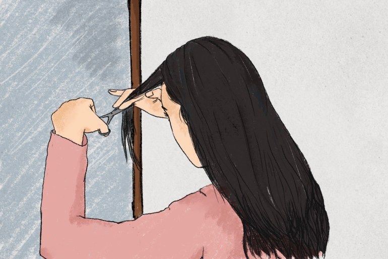 Illustration of a woman cutting her hair