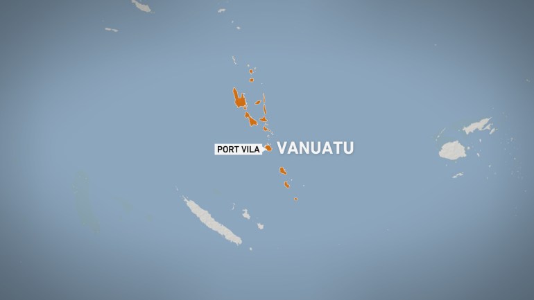 Peta Vanuatu dengan teks pelarian untuk Port Vila.