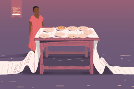An illustration of a woman standing behind a table that has a large receipt as a table cloth with 9 empty plates apart from one that has a sandwich on it.