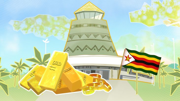 An illustration of a pile of gold next to Zimbabwe's flag.