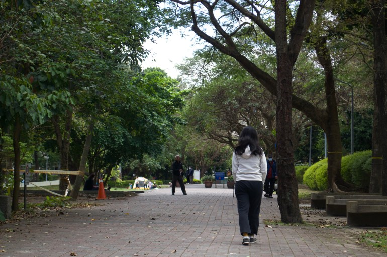 A student walking away from the camera through the trees.  They are wearing a gray shirt and black trousers.