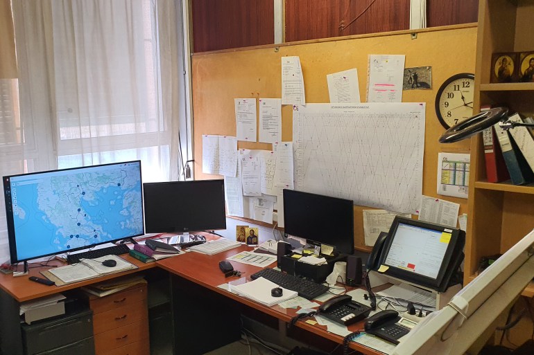 The national traffic co-ordinator’s office in the OSE building, where he plots trains’ progress on a paper shart.