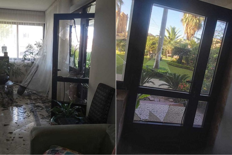 split photo of the damage tot Algash's living room