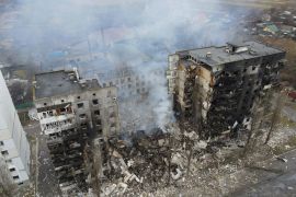 An aerial view shows a residential building destroyed by shelling in the settlement of Borodyanka in the Kyiv region, Ukraine, March 3, 2022