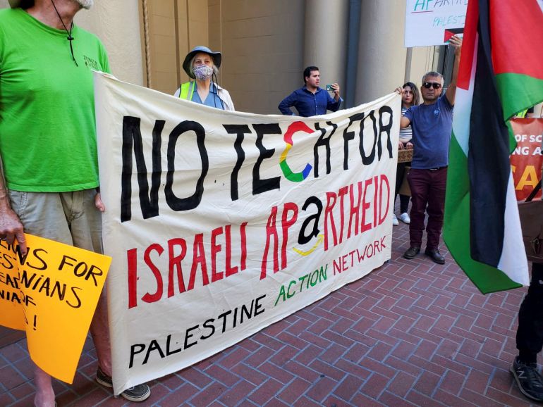 Employees from Alphabet Inc, its Google unit and members of Jewish and Palestinian organizations, protest cloud computing work by Google and Amazon for the Israeli government, during a rally outside Google offices, in San Francisco, California, U.S., September 8, 2022.